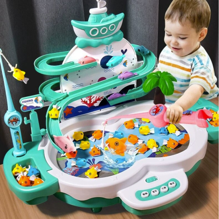 Joc interactiv de pescuit, Tobogan si Lift pentru Pestisori, 2 Undite si 2 Palete Incluse, Turcoaz, Joynix [7]