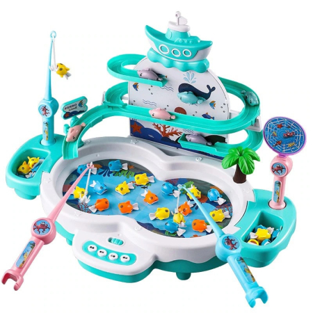 Jucării Interactive - Joc interactiv de pescuit, Tobogan si Lift pentru Pestisori, 2 Undite si 2 Palete Incluse, Turcoaz, Joynix