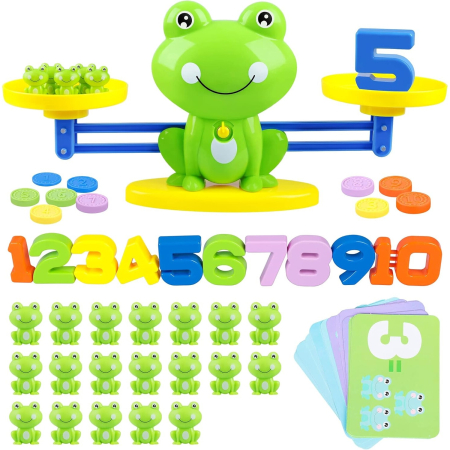 Jocuri Educative și Logice - Jucarie educativa Broscuta - Balanta Matematica: Aventuri in Lunea Numerelor, 19 Broscute, 30 de Cartonase, Verde