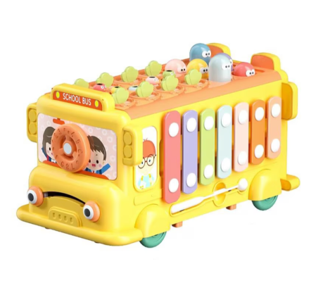 Jucarie Interactiva Autobuz Scolar, Jucarie Educationala Montessori cu Xilofon, Ciocane, Invatarea Ceasului, Joc de Pescuit, Recoltare [0]