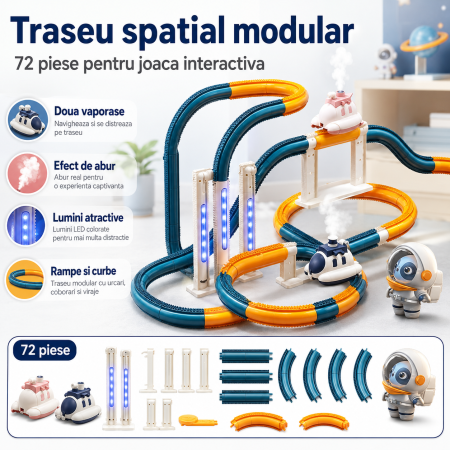 Jucarie Pista Modulara pentru Copii, 72 Piese, cu Vaporas Electric, Lumini, Traseu Spatial Interactiv si Efect de Abur [1]
