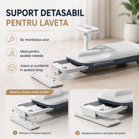 Mini Kart Electric 2 in 1 pentru Copii cu Suport Detasabil pentru Laveta, Viteza Reglabila, Lumini LED, Spatiu de Depozitare, Sarcina Maxima 50 kg Acumulator 12V [3]