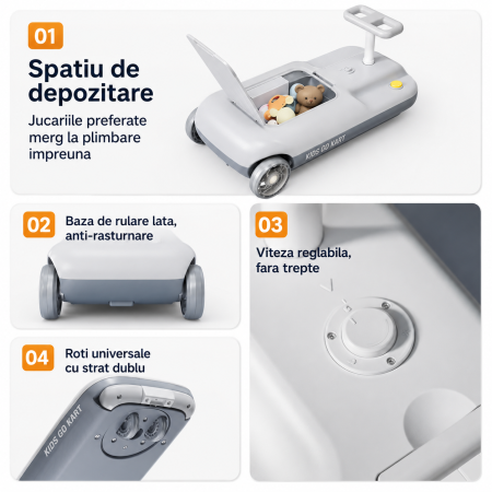 Mini Kart Electric 2 in 1 pentru Copii cu Suport Detasabil pentru Laveta, Viteza Reglabila, Lumini LED, Spatiu de Depozitare, Sarcina Maxima 50 kg Acumulator 12V [6]