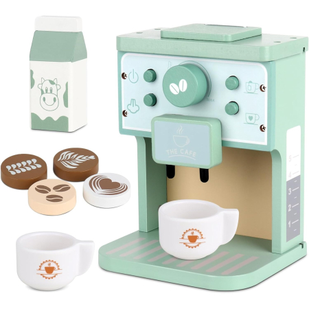 Jocuri Educative și Logice - Montessori Café Junior - Set de Joaca cu Espressor din Lemn, Capsule, Cani si Accesorii, Joynix