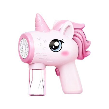 Jucării Interactive - Pistol pentru Baloane de Sapun cu Rezervor pentru Solutie, Explozie de Bule, Model Unicorn Roz