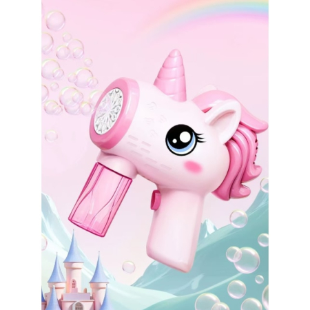 Pistol pentru Baloane de Sapun cu Rezervor pentru Solutie, Explozie de Bule, Model Unicorn Roz [1]