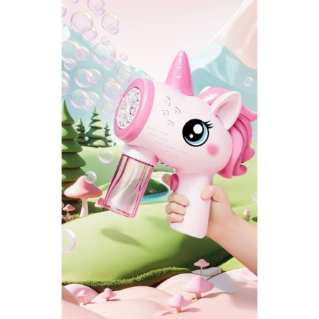 Pistol pentru Baloane de Sapun cu Rezervor pentru Solutie, Explozie de Bule, Model Unicorn Roz [5]