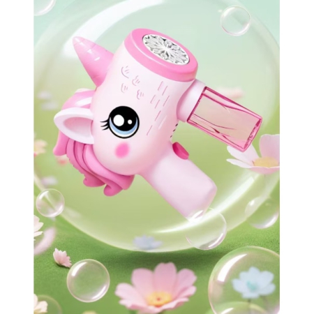 Pistol pentru Baloane de Sapun cu Rezervor pentru Solutie, Explozie de Bule, Model Unicorn Roz [4]