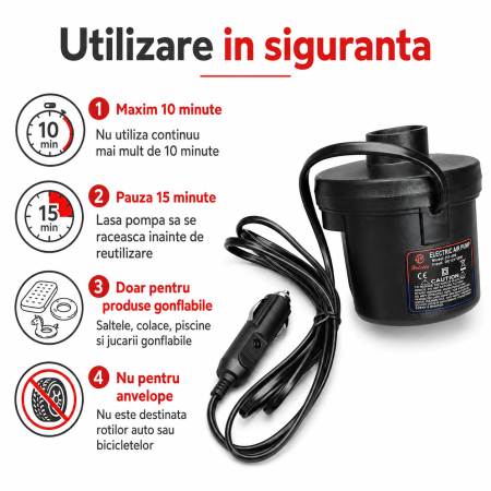 Pompa Electrica Auto pentru Saltele si Colace Gonflabile, Alimentare la Bricheta 12V, Putere 60W, Portabila, Negru [1]