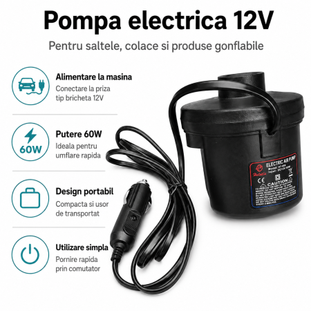 Pompa Electrica Auto pentru Saltele si Colace Gonflabile, Alimentare la Bricheta 12V, Putere 60W, Portabila, Negru [3]