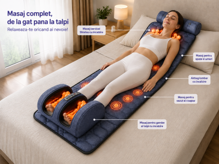 Saltea Electrica de Masaj Corporal Complet cu Shiatsu pentru Gat si Picioare, Incalzire, Vibratii, Airbag Lombar, 9 Moduri de Masaj, Telecomanda, Gri [3]