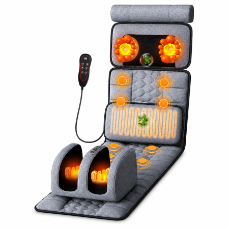 Casă și Îngrijire - Saltea Electrica de Masaj Corporal Complet cu Shiatsu pentru Gat si Picioare, Incalzire, Vibratii, Airbag Lombar, 9 Moduri de Masaj, Telecomanda, Gri