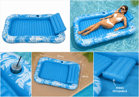 Saltea Gonflabila pentru Piscina si Plaja, 208 x 130 cm, cu Perna Integrata, Suport pentru Pahar si Manere Laterale, Design Tropical Albastru-Alb, Sezlong Plutitor pentru Adulti [1]