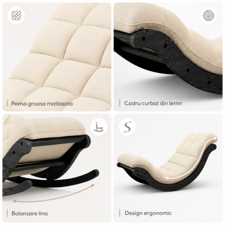Scaun de Relaxare Balansoar cu Perna Matlasata, Cadru Curbat din Lemn 2 in 1, pentru Interior sau Terasa, Utilizare ca Scaun si Masa Joasa, Bej cu Negru [4]