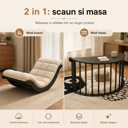 Scaun de Relaxare Balansoar cu Perna Matlasata, Cadru Curbat din Lemn 2 in 1, pentru Interior sau Terasa, Utilizare ca Scaun si Masa Joasa, Bej cu Negru [1]
