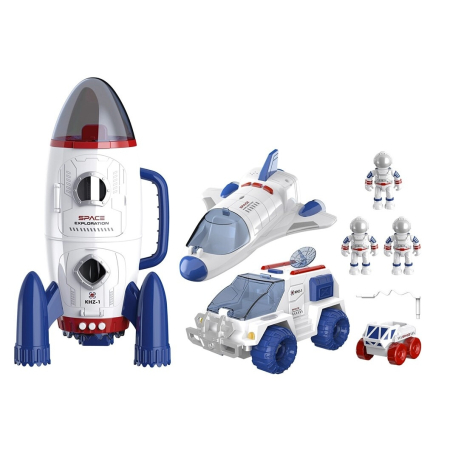 Jucării Interactive - Set Cosmic de Explorare 5 in 1 cu Efecte Luminoase si Sonore, Racheta, Rover si Naveta Spatiala, 3 Astronauti