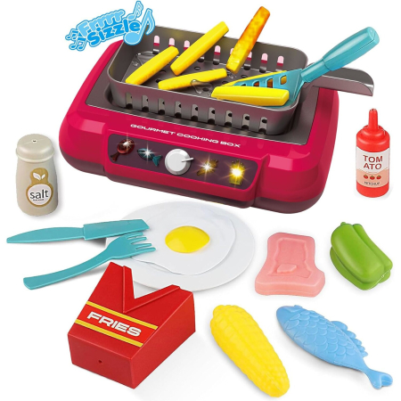 Jucării Interactive - Set de bucatarie cu friteuza electrica, Alimentele isi schimba culoarea in urma gatirii, Accesorii multiple, Rosu, Joynix