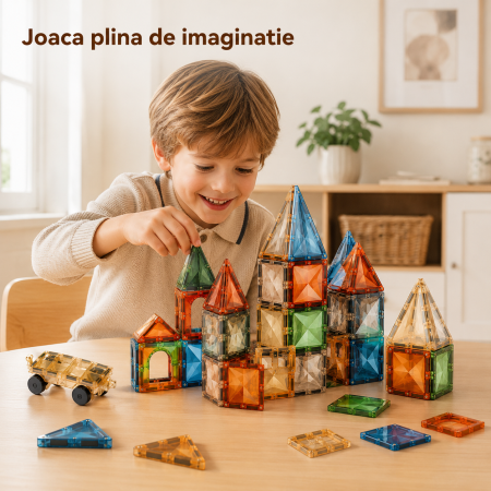 Set de Constructie Magnetic 100 Piese, Placi Magnetice 2D si 3D, cu Masinuta, Sac de Depozitare si Manual, 3+ Ani [3]