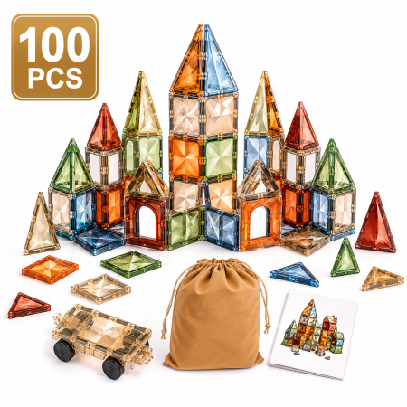 Jocuri Educative și Logice - Set de Constructie Magnetic 100 Piese, Placi Magnetice 2D si 3D, cu Masinuta, Sac de Depozitare si Manual, 3+ Ani