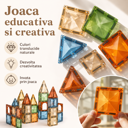 Set de Constructie Magnetic 100 Piese, Placi Magnetice 2D si 3D, cu Masinuta, Sac de Depozitare si Manual, 3+ Ani [2]