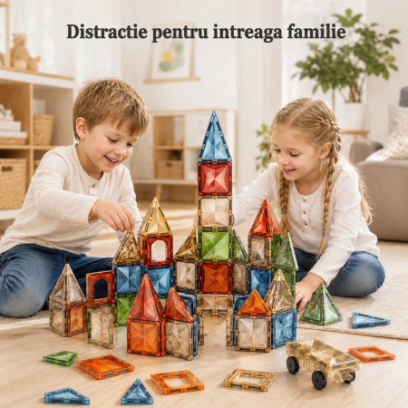 Set de Constructie Magnetic 100 Piese, Placi Magnetice 2D si 3D, cu Masinuta, Sac de Depozitare si Manual, 3+ Ani [1]