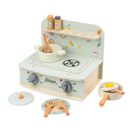 Jocuri Educative și Logice - Set de Joaca Mini-Bucatarie Interactiva cu Ustensile si Alimente din Lemn