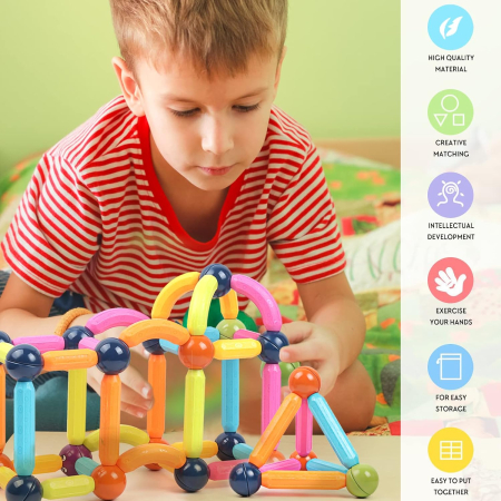 Set Educativ Magnetic cu Bete si Bile, 128 de Piese pentru Constructii 2D si 3D, Joynix [9]