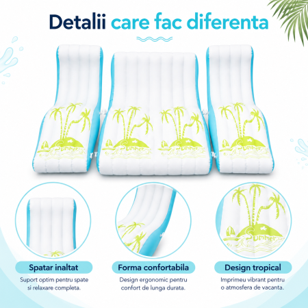 Set Gonflabil pentru Piscina, 3 Piese, Saltea Dubla pentru 2 Persoane si 2 Sezlonguri Individuale, Spatar Integrat, Design Tropical Alb-Turcoaz [1]
