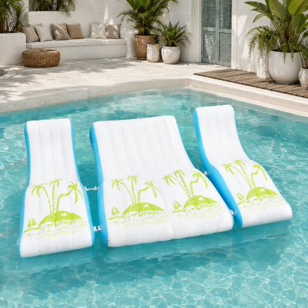 Set Gonflabil pentru Piscina, 3 Piese, Saltea Dubla pentru 2 Persoane si 2 Sezlonguri Individuale, Spatar Integrat, Design Tropical Alb-Turcoaz [6]