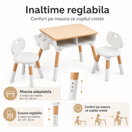 Set Masuta si 2 Scaune Reglabile pentru Copii, Spatiu de Depozitare sub Blat, 2 Organizatoare Laterale, pentru Desen, Joaca si Invatare [2]