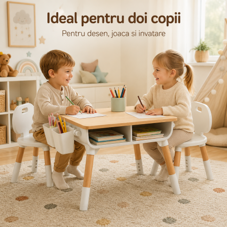 Set Masuta si 2 Scaune Reglabile pentru Copii, Spatiu de Depozitare sub Blat, 2 Organizatoare Laterale, pentru Desen, Joaca si Invatare [3]
