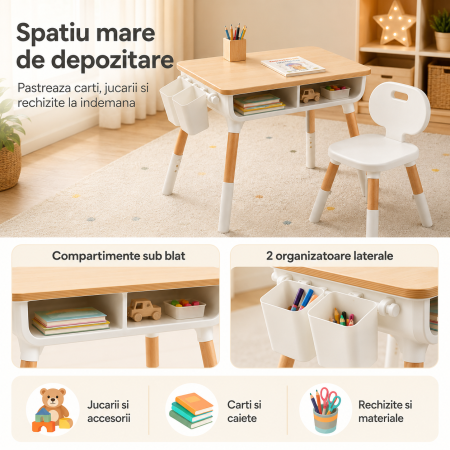 Set Masuta si Scaun Reglabile pentru Copii, Spatiu de Depozitare sub Blat, 2 Organizatoare Laterale, pentru Desen, Joaca si Invatare [3]