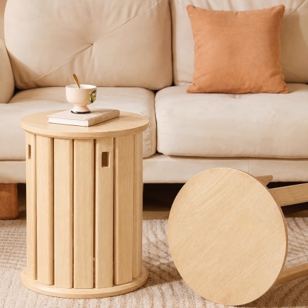 Set Mobilier 4 in 1 din Lemn Masiv, 4 Taburete Stivuibile, Suport Mobil cu Roti, Formeaza o Masuta Compacta, Economisire Spatiu, Culoare Lemn Natural [4]