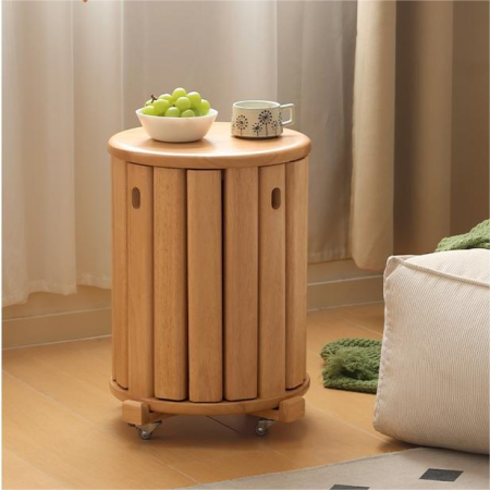 Set Mobilier 4 in 1 din Lemn Masiv, 4 Taburete Stivuibile, Suport Mobil cu Roti, Formeaza o Masuta Compacta, Economisire Spatiu, Culoare Lemn Natural [8]
