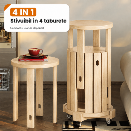 Set Mobilier 4 in 1 din Lemn Masiv, 4 Taburete Stivuibile, Suport Mobil cu Roti, Formeaza o Masuta Compacta, Economisire Spatiu, Culoare Lemn Natural [2]