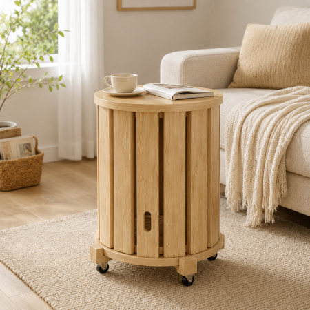 Set Mobilier 4 in 1 din Lemn Masiv, 4 Taburete Stivuibile, Suport Mobil cu Roti, Formeaza o Masuta Compacta, Economisire Spatiu, Culoare Lemn Natural [1]