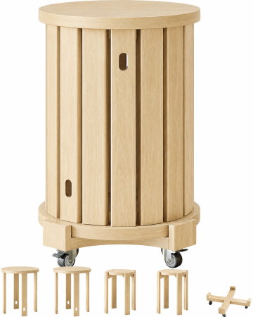 Casă și Îngrijire - Set Mobilier 4 in 1 din Lemn Masiv, 4 Taburete Stivuibile, Suport Mobil cu Roti, Formeaza o Masuta Compacta, Economisire Spatiu, Culoare Lemn Natural