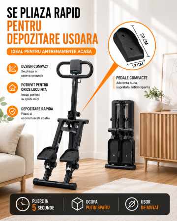 Stepper Fitness Pliabil cu Suport Telefon, Pedale Antiderapante, Maner Reglabil 3 Trepte, Silentios, Cadru Stabil - max. 150 kg [1]