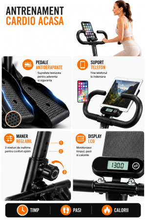 Stepper Fitness Pliabil cu Suport Telefon, Pedale Antiderapante, Maner Reglabil 3 Trepte, Silentios, Cadru Stabil - max. 150 kg [3]