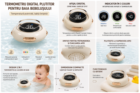 Termometru Digital Plutitor pentru Baia Bebelusului, Afisaj LED, Indicator in 3 Culori, Functionare cu Baterii, 7,5 x 7,5 x 4,5 cm, Crem [5]