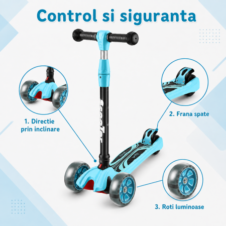 Trotineta Copii Pliabila cu 3 Roti Luminoase LED, Ghidon Reglabil, Directie prin Inclinare, Platforma Antiderapanta, Frana Spate [5]