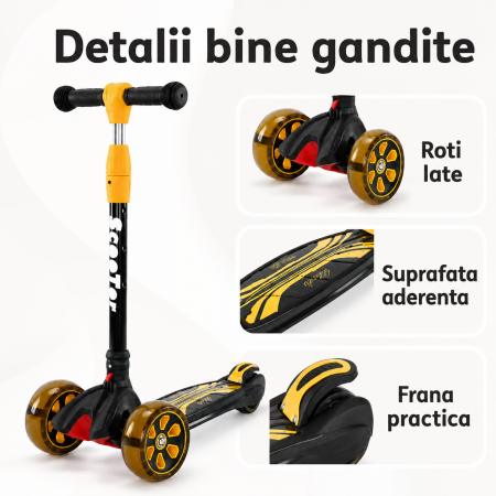 Trotineta Copii Pliabila cu 3 Roti Luminoase LED, Ghidon Reglabil, Directie prin Inclinare, Platforma Antiderapanta, Frana Spate [9]