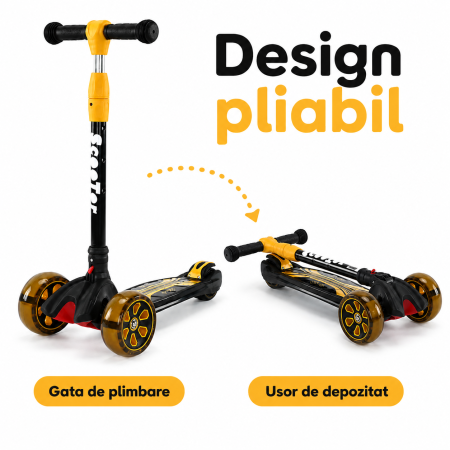 Trotineta Copii Pliabila cu 3 Roti Luminoase LED, Ghidon Reglabil, Directie prin Inclinare, Platforma Antiderapanta, Frana Spate [7]