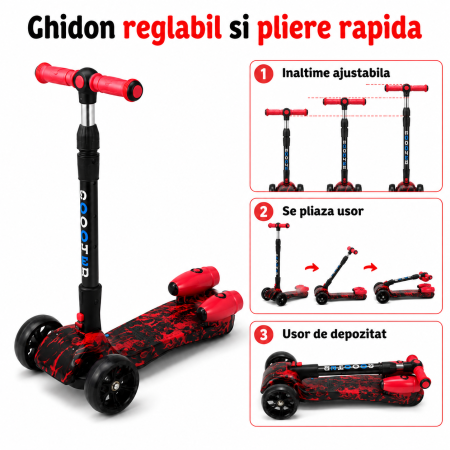 Trotineta Copii Pliabila cu Efect de Abur, Bluetooth si Lumini LED, 3 Roti PU, Directie prin Inclinare, Ghidon Reglabil, Structura Rezistenta, maxim 60kg, Design Graffiti [23]