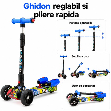 Trotineta Copii Pliabila cu Efect de Abur, Bluetooth si Lumini LED, 3 Roti PU, Directie prin Inclinare, Ghidon Reglabil, Structura Rezistenta, maxim 60kg, Design Graffiti [2]