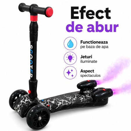 Trotineta Copii Pliabila cu Efect de Abur, Bluetooth si Lumini LED, 3 Roti PU, Directie prin Inclinare, Ghidon Reglabil, Structura Rezistenta, maxim 60kg, Design Graffiti [8]