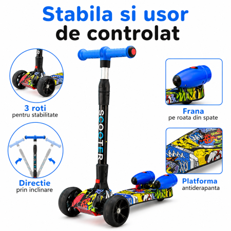 Trotineta Copii Pliabila cu Efect de Abur, Bluetooth si Lumini LED, 3 Roti PU, Directie prin Inclinare, Ghidon Reglabil, Structura Rezistenta, maxim 60kg, Design Graffiti [4]