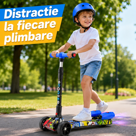 Trotineta Copii Pliabila cu Efect de Abur, Bluetooth si Lumini LED, 3 Roti PU, Directie prin Inclinare, Ghidon Reglabil, Structura Rezistenta, maxim 60kg, Design Graffiti [3]