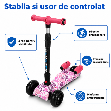 Trotineta Copii Pliabila cu Efect de Abur, Bluetooth si Lumini LED, 3 Roti PU, Directie prin Inclinare, Ghidon Reglabil, Structura Rezistenta, maxim 60kg, Design Graffiti [14]