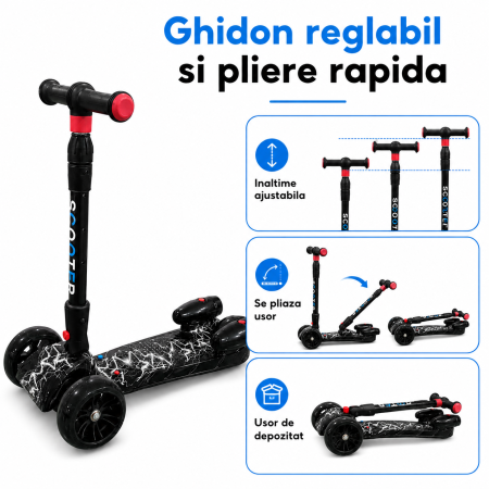 Trotineta Copii Pliabila cu Efect de Abur, Bluetooth si Lumini LED, 3 Roti PU, Directie prin Inclinare, Ghidon Reglabil, Structura Rezistenta, maxim 60kg, Design Graffiti [10]